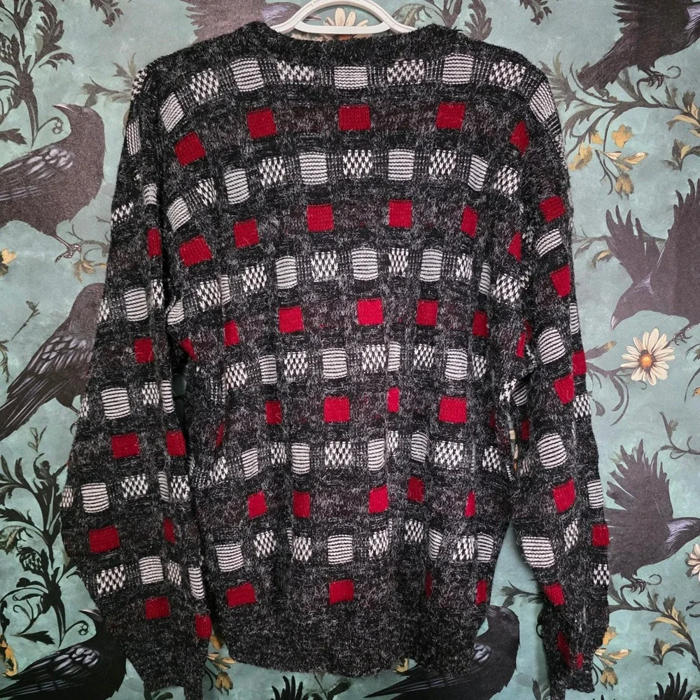 Scandia Vintage 90s Sweater Geometric Grid Red Black Fuzzy Knit Pullover USA L